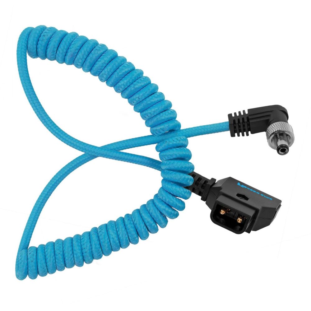 Kondor Blue coiled D-Tap to lock DC 2.1 mm angled cable (Atomos Ninja/Shogun)